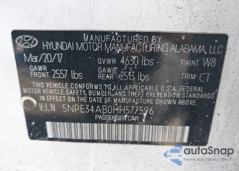 2017 Hyundai Sonata Sport 2.0T z USA, uszkodzony, nr VIN 5NPE34AB0HH577596